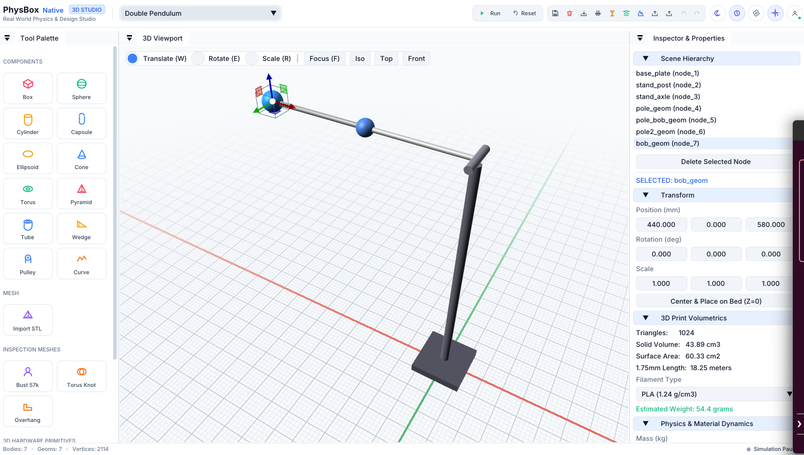 PhysBox Native desktop app showing a double pendulum scene in the 3D viewport with the tool palette and inspector panels