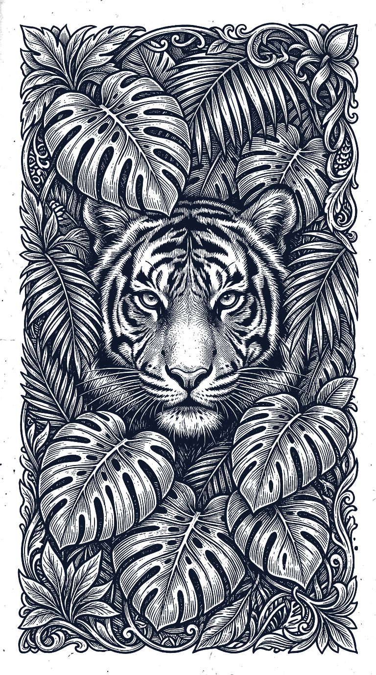 Hand-drawn sketch of a tiger face emerging through monstera leaves